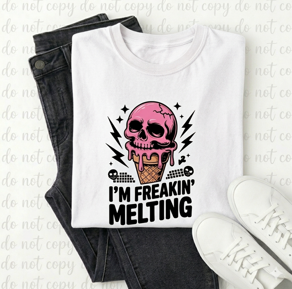 White t-shirt with pink skull ice cream cone design and text 'I'm Freakin' Melting' on a white background.