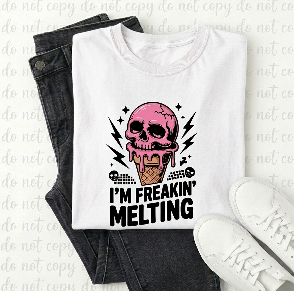 White t-shirt with pink skull ice cream cone design and text 'I'm Freakin' Melting' on a white background.