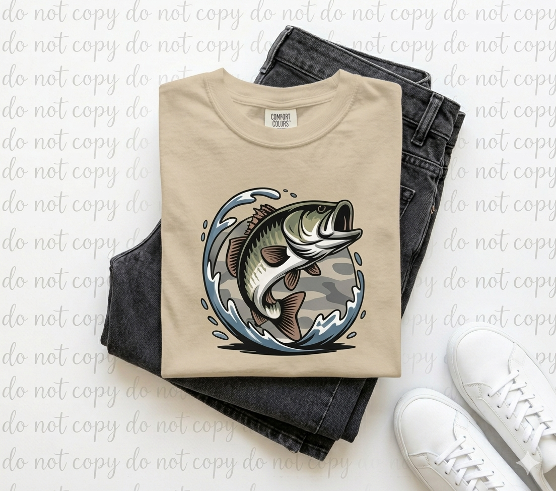 Jumping Largemouth Bass Camo Comfort Colors Fishing Tee