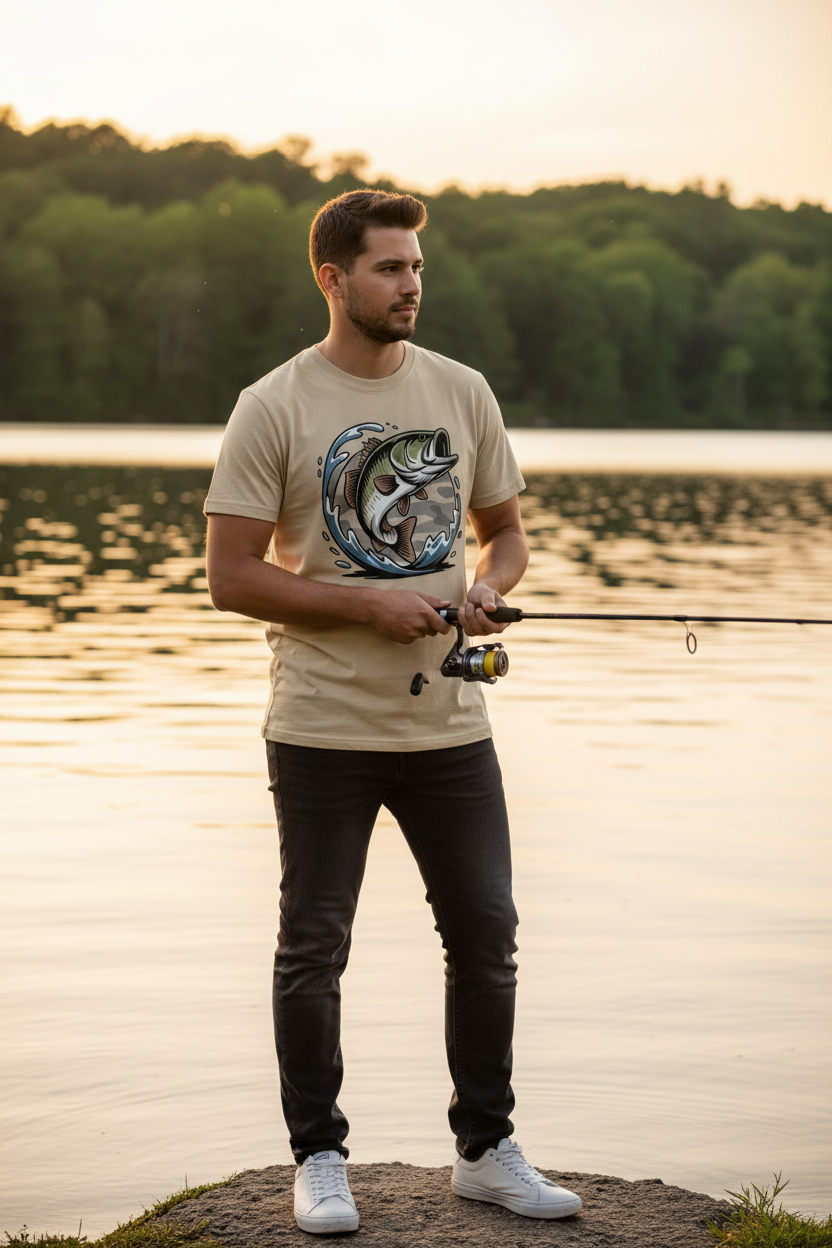 Jumping Largemouth Bass Camo Comfort Colors Fishing Tee