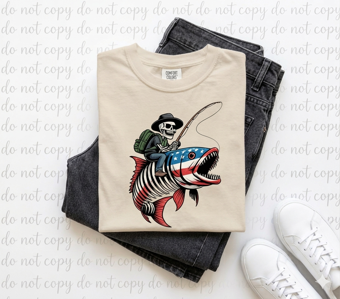 Skeleton Riding Patriot Fish Comfort Colors Graphic Tee