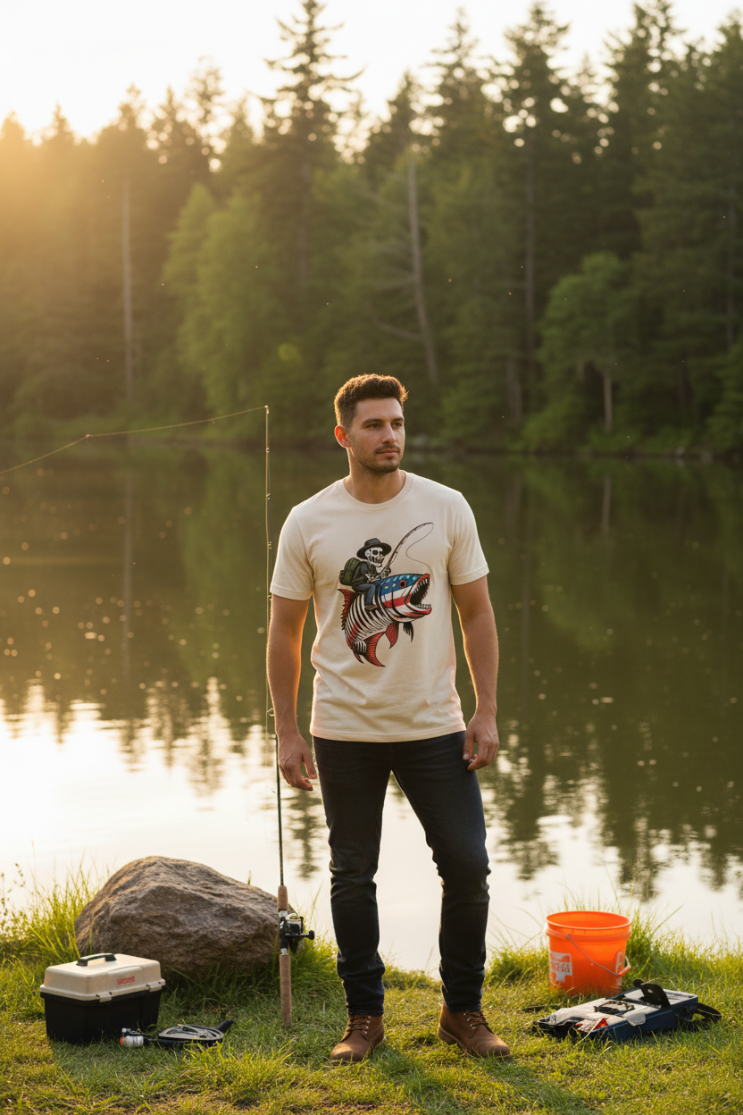 Skeleton Riding Patriot Fish Comfort Colors Graphic Tee