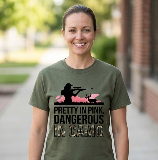 The "Pretty in Pink, Dangerous in Camo" Tee – Vibrant DTF Classic Fit