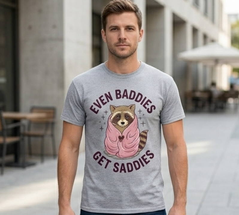 Even Baddies Get Saddies Raccoon Tee – Funny Sarcastic Shirt