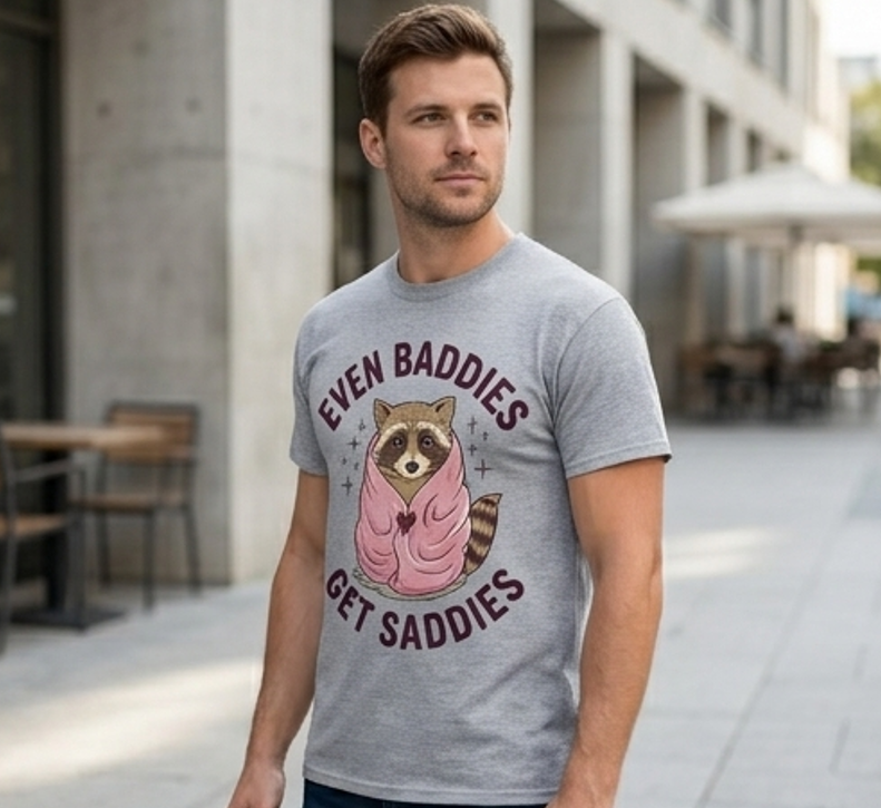 Even Baddies Get Saddies Raccoon Tee – Funny Sarcastic Shirt