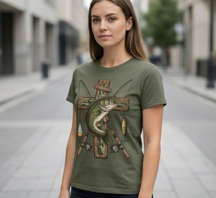 Bass Fishing Cross T-Shirt - Faith & Outdoors Graphic Tee
