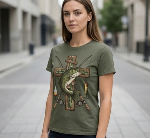 Bass Fishing Cross T-Shirt - Faith & Outdoors Graphic Tee