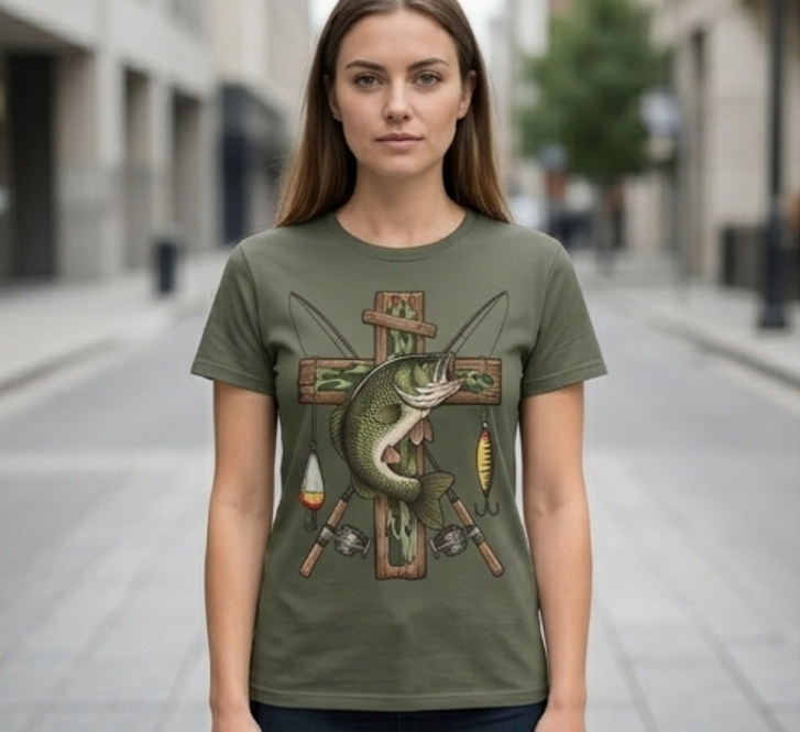 Bass Fishing Cross T-Shirt - Faith & Outdoors Graphic Tee