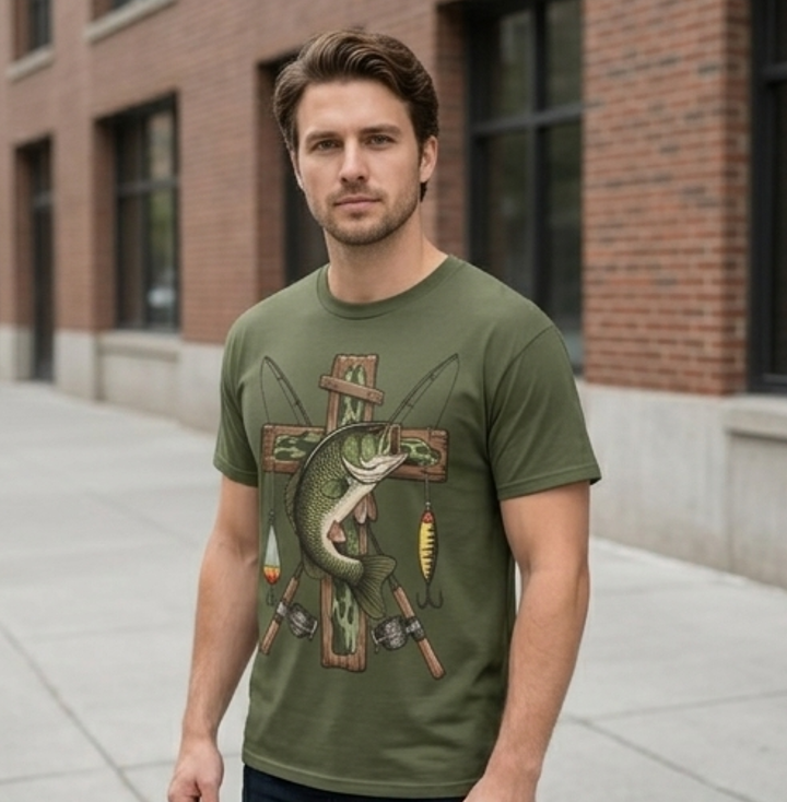 Bass Fishing Cross T-Shirt - Faith & Outdoors Graphic Tee