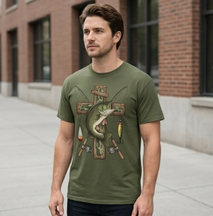 Bass Fishing Cross T-Shirt - Faith & Outdoors Graphic Tee