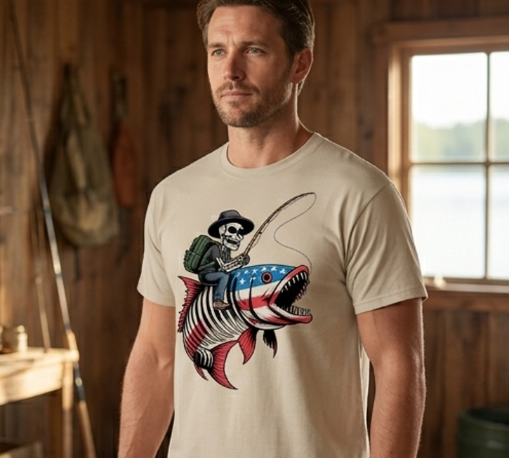 Skeleton Riding Patriot Fish Comfort Colors Graphic Tee