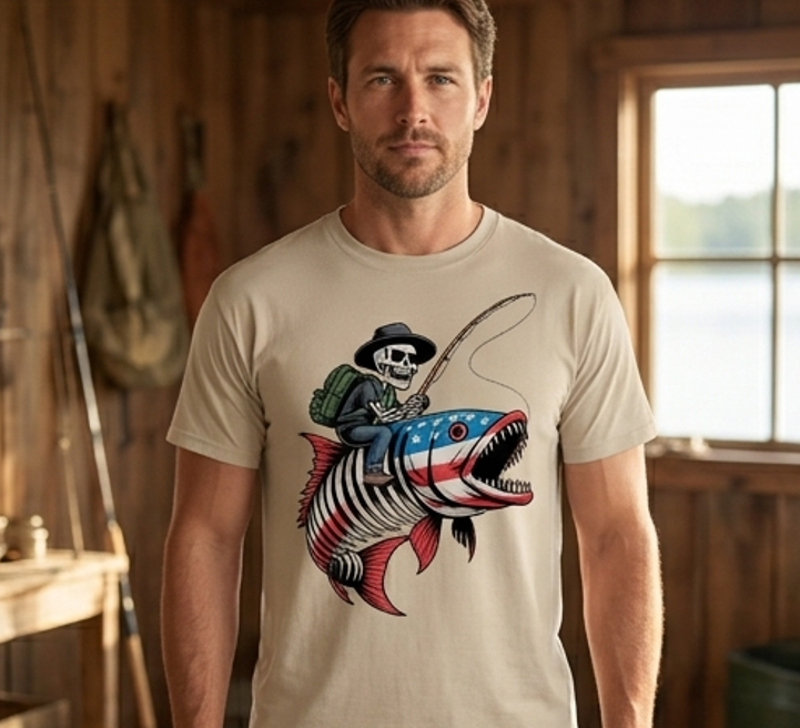 Skeleton Riding Patriot Fish Comfort Colors Graphic Tee
