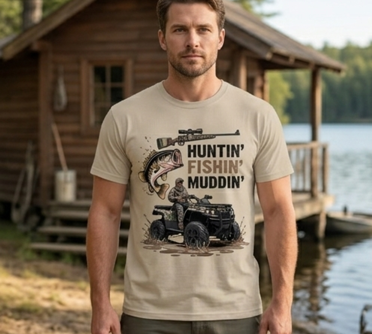 Huntin' Fishin' Muddin' ATV Comfort Colors Graphic Tee