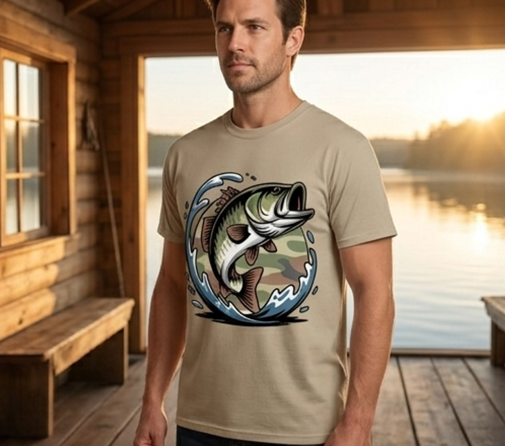 Jumping Largemouth Bass Camo Comfort Colors Fishing Tee