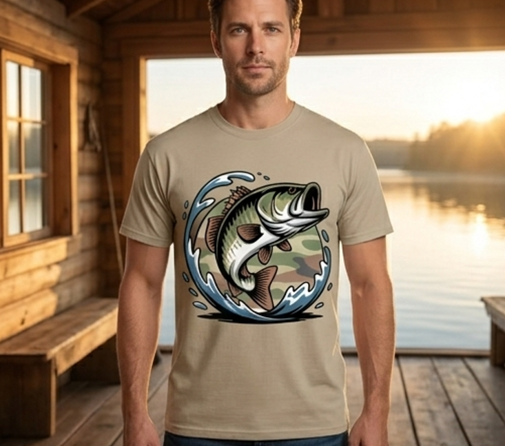 Jumping Largemouth Bass Camo Comfort Colors Fishing Tee