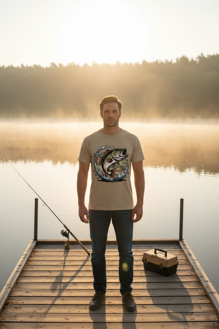 Jumping Largemouth Bass Camo Comfort Colors Fishing Tee